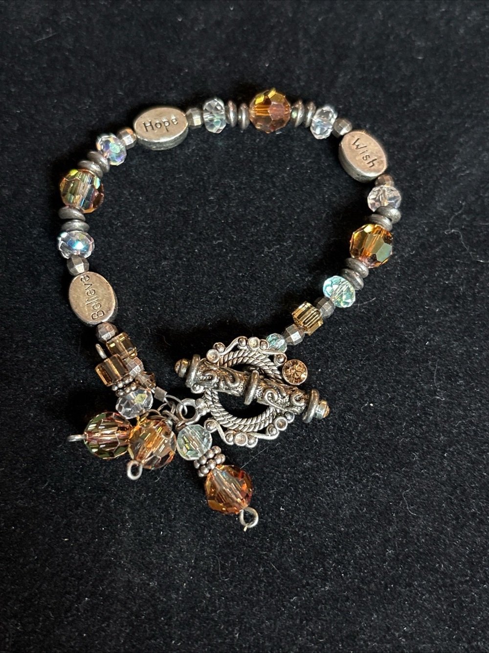 Silver-Tone Amber color Charm Bracelet with Inspirational Discs 7”